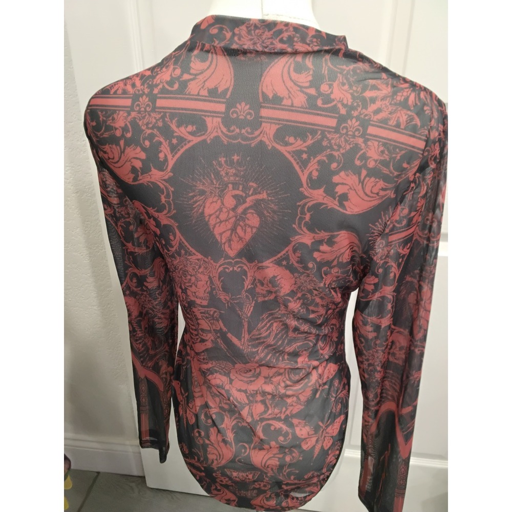 SHEIN Gothic Damask Mesh Bodysuit Red Black Sacred Heart Skeleton Mock Neck 0XL - Picture 4 of 8